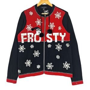 Womens Cardigan Medium Vintage Ugly Christmas Sweater Frosty‎ Holiday Full Zip